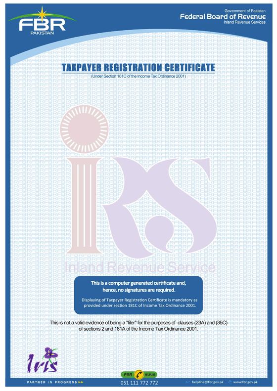 FBR Taxpayer Registration Certificate